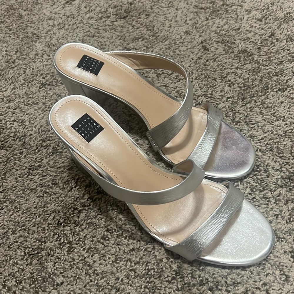 White House Black Market strappy silver heeled sandal